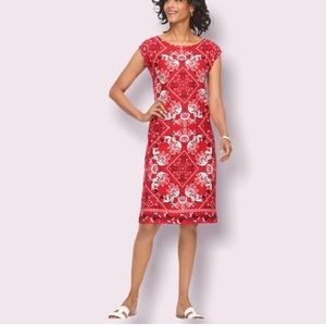 TALBOTS handkerchief peacock print red dress sleeveless current season.